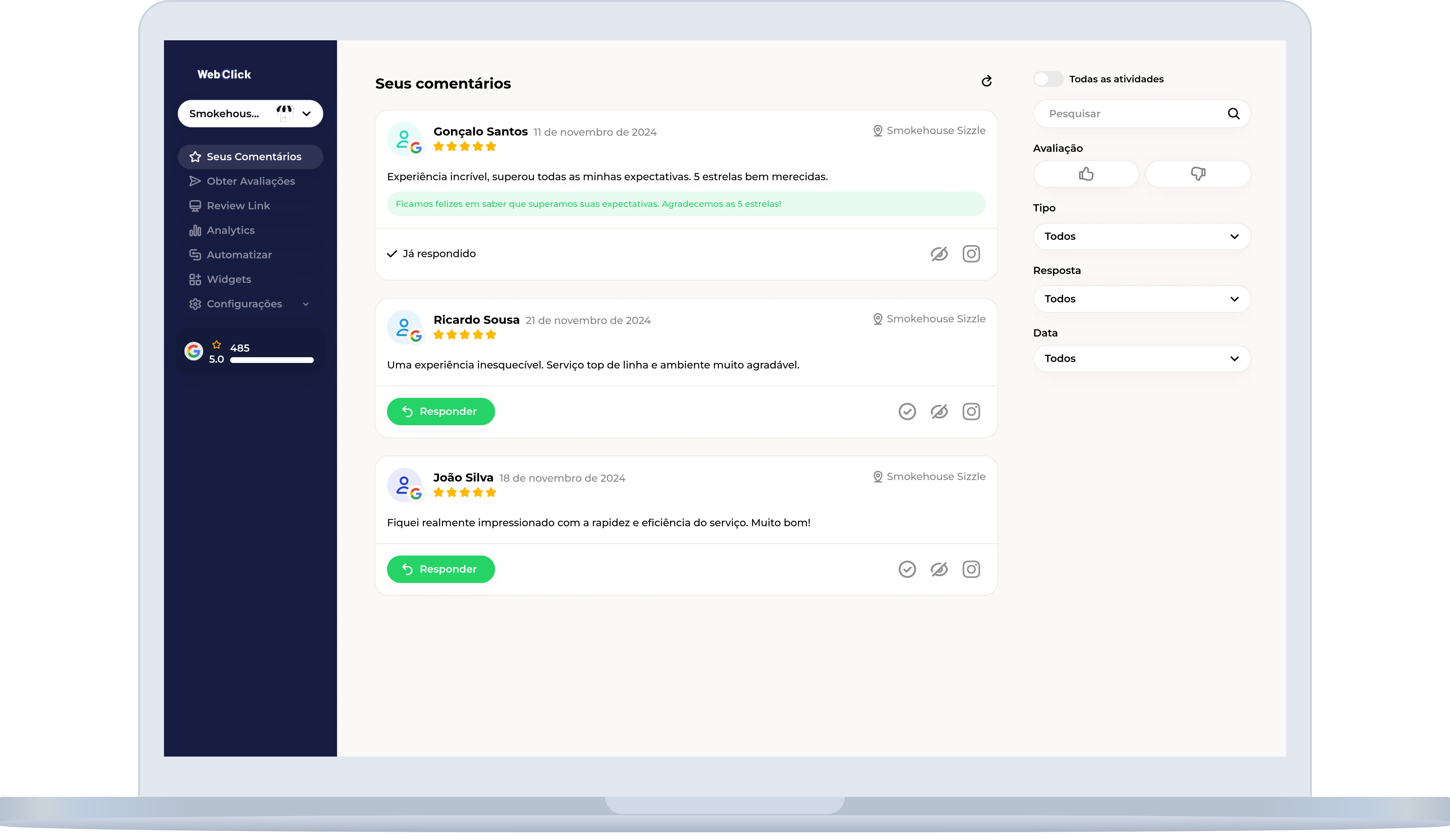 Dashboard WebClick - Interface de Gerenciamento de Avaliações